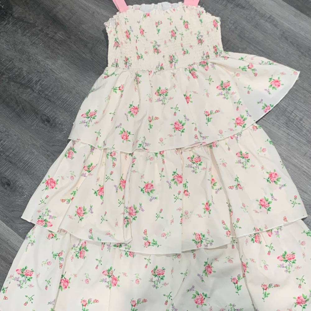 SHEIN Floral Tiered Kids Dress - Pink and Cream